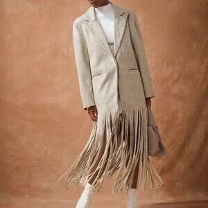 Light Grey Casual Women's Long Sleeves Fringed Hem Tweed Coat